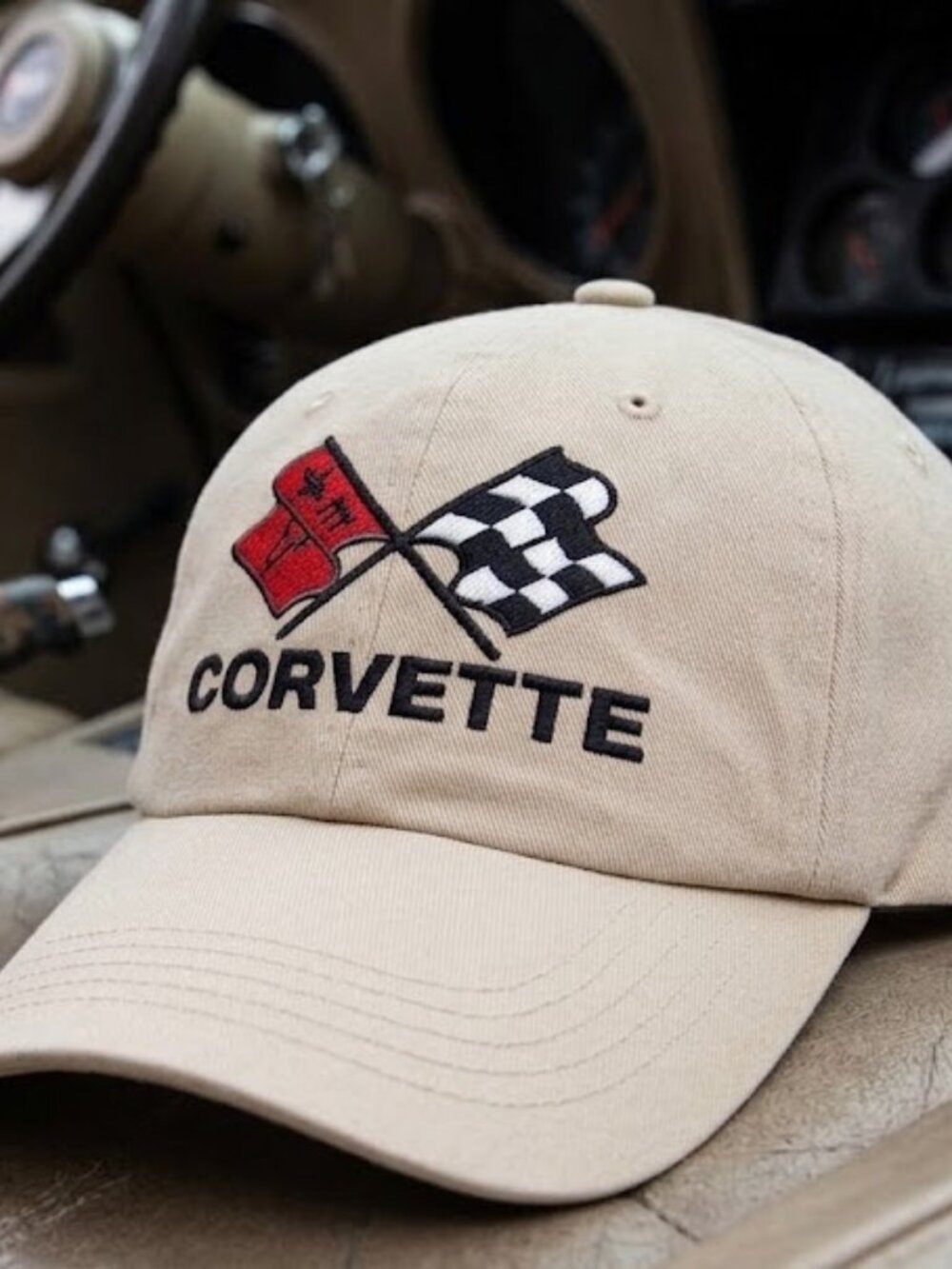 Retro Vintage C3 Corvette Crossed Flags Khaki Tan Cotton Dad Hat Baseball Cap 60